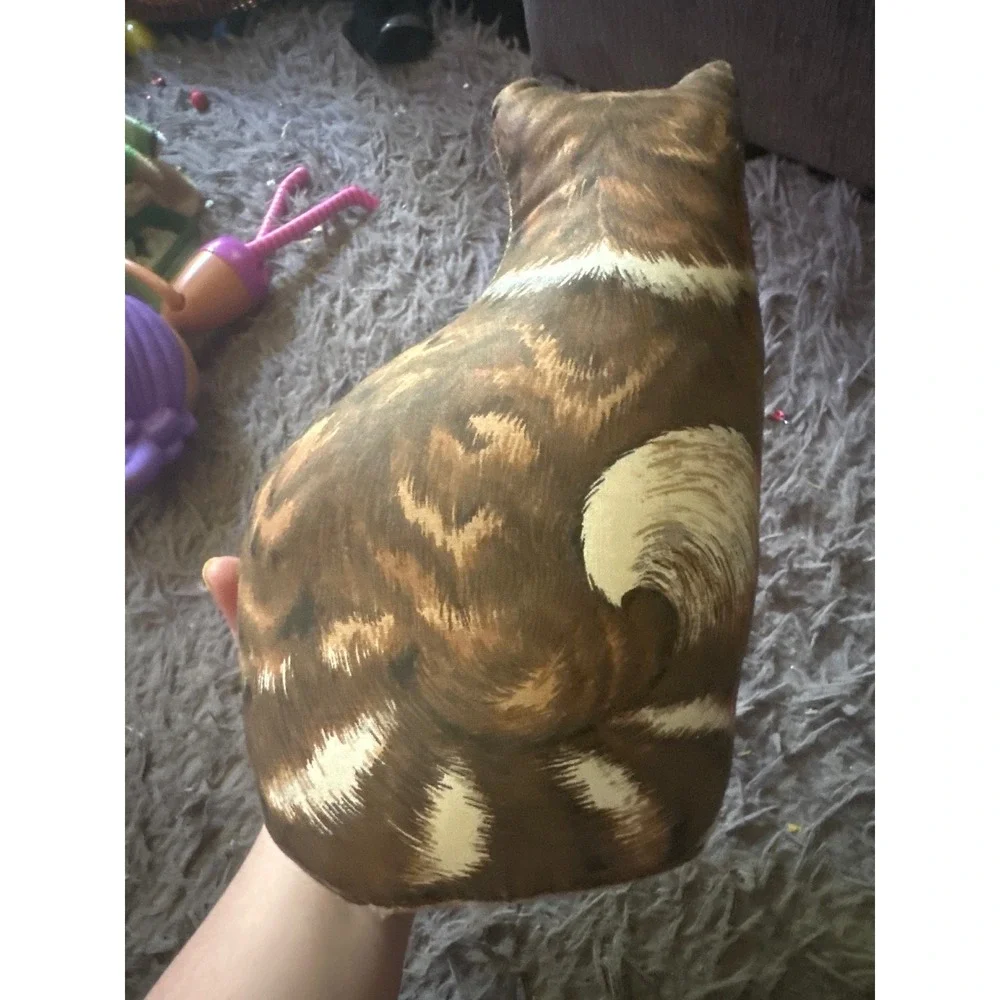 Vintage Style Screen Printed Tabby Cat Shaped Decorative Pillow Brown Plush